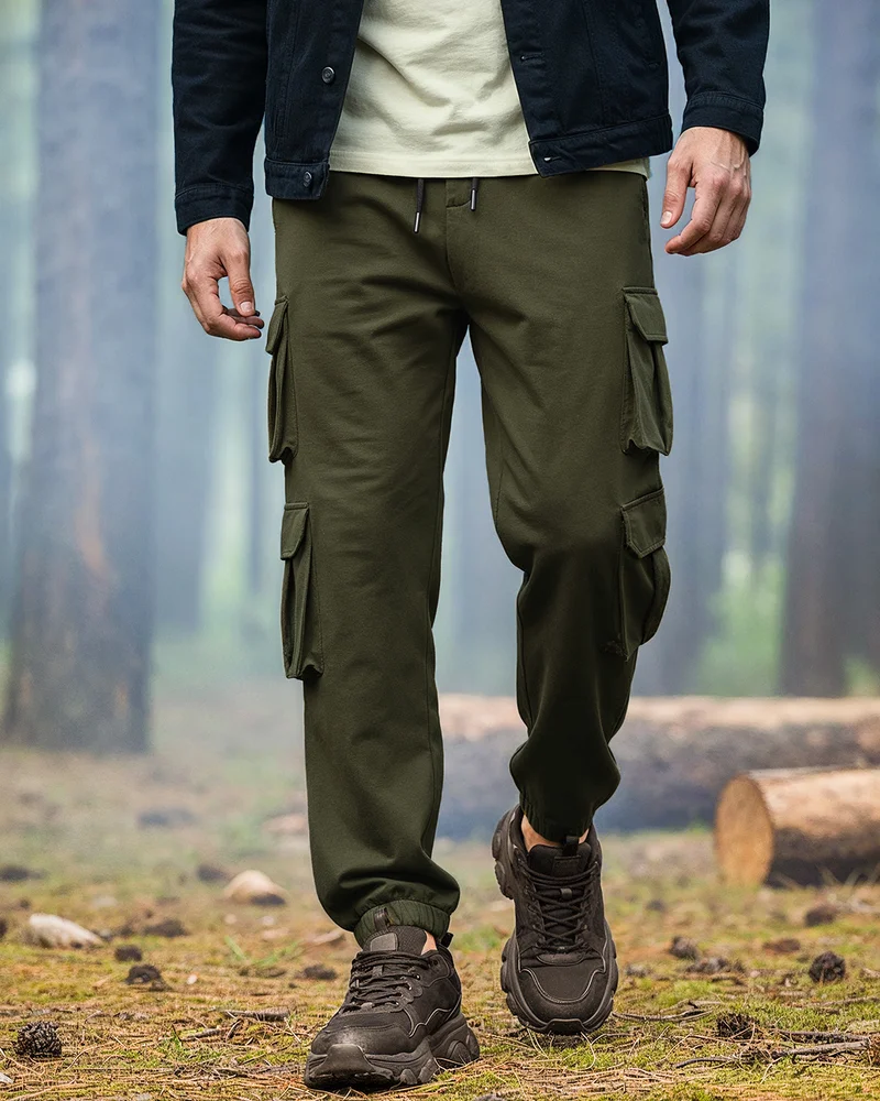 بيواكوف Men's Winter Moss Green Super Loose Fit Cargo Warm Joggers